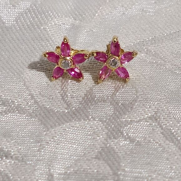Fine Ruby Diamond Flower Designer Earrings 18K Yellow Gold Over Sterling Silver - Picture 11 of 11